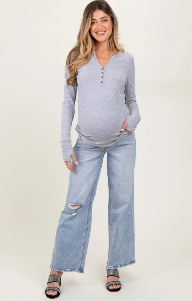 Light Blue Acid Wash Open Knee Wide Leg Maternity Jeans