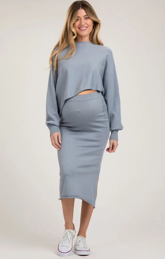 Light Blue Crop Top Maternity Midi Skirt Set