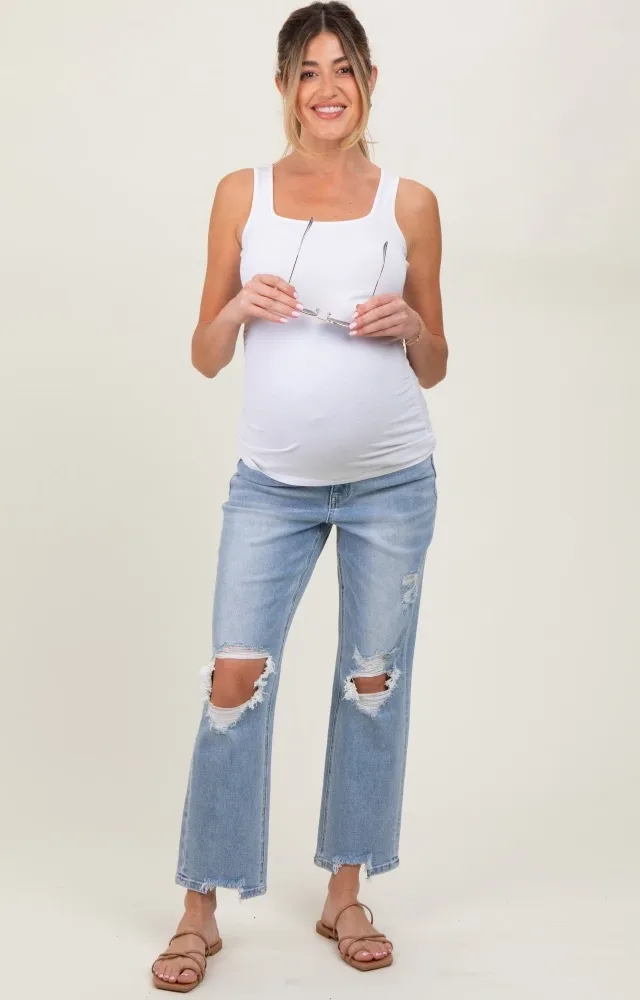 Light Blue Distressed Cutout Maternity Straight Leg Ankle Jeans