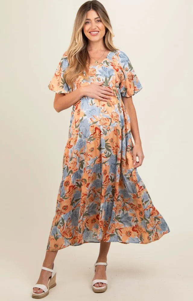 Light Blue Floral Print Pocketed Maternity Midi Dress