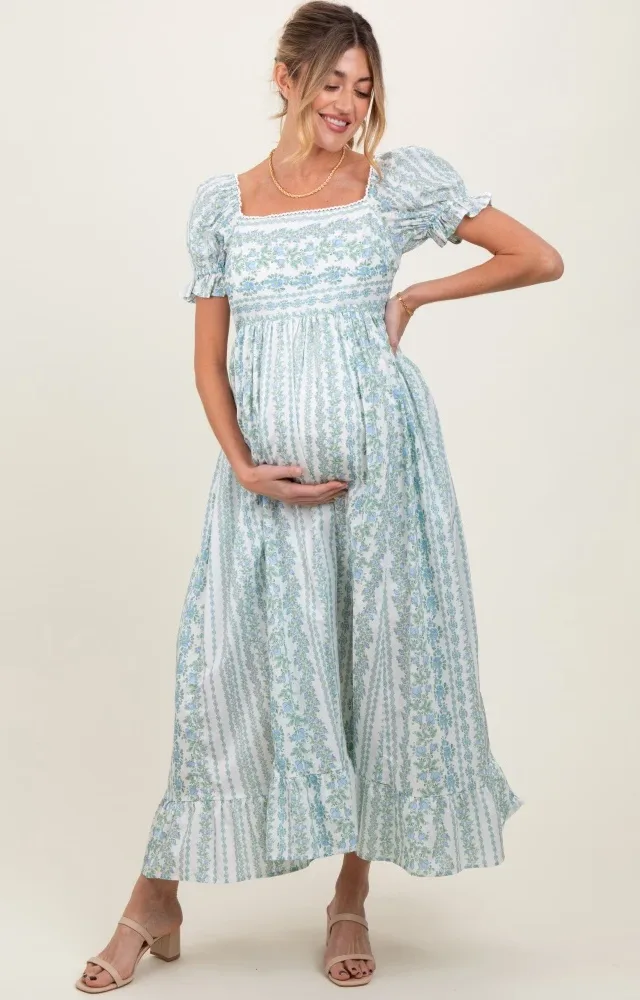 Light Blue Floral Puff Sleeve Lace Trim Maternity Maxi Dress