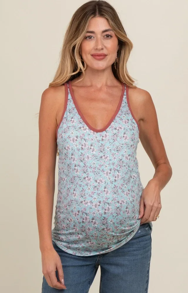 Light Blue Floral V-Neck Maternity Tank Top