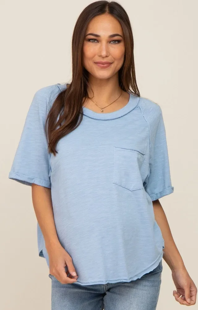 Light Blue Front Pocket Raw Edge Trim Short Sleeve Maternity Top