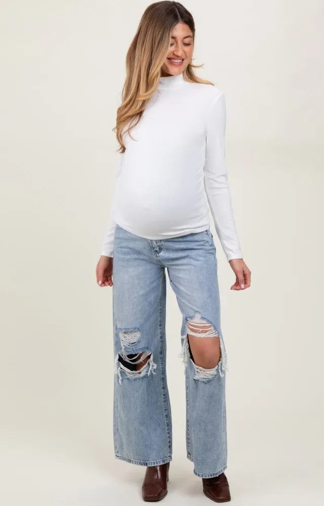 Light Blue Heavily Distressed Open Knee Wide Leg Maternity Jeans