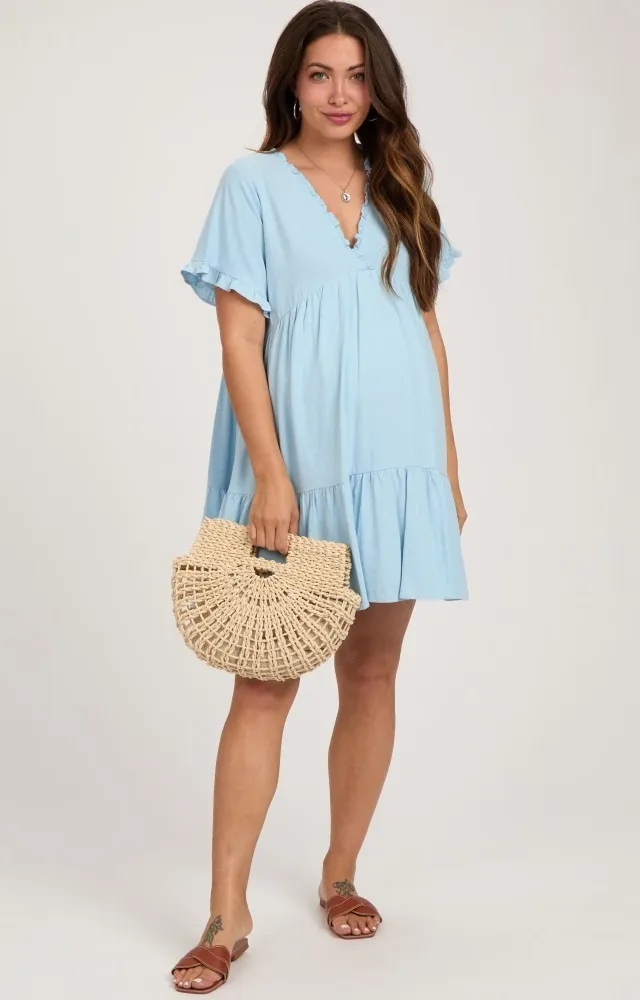 Light Blue Ruffle Hem Maternity Dress