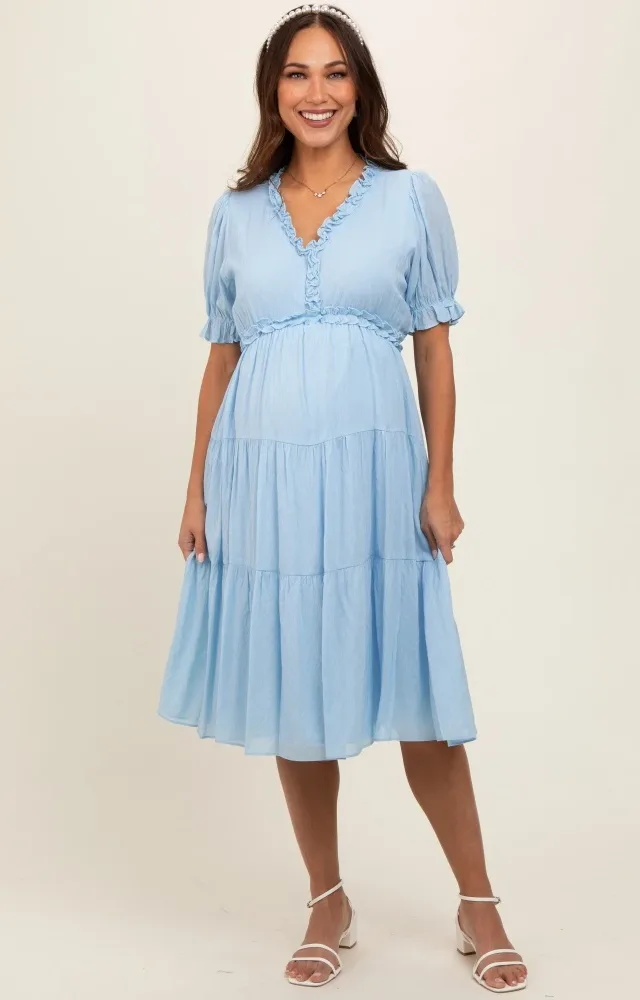 Light Blue Ruffle Trim Tiered Maternity Dress