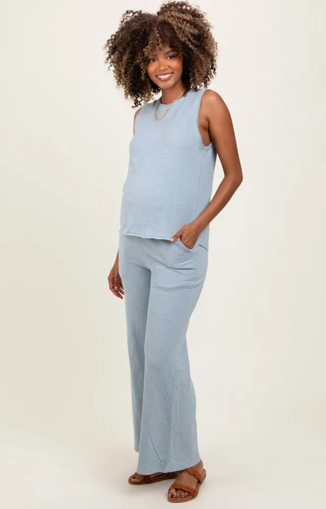 Light Blue Slub Knit Maternity Pants Set