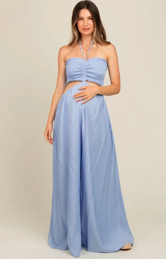 Light Blue Smocked Drawstring Halter Side Cutout Maternity Jumpsuit