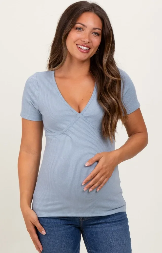 Light Blue Solid Ribbed Short Sleeve V-Neck Basic Maternity Top