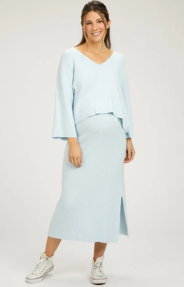 Light Blue V-Neck Knit Maternity Skirt Set