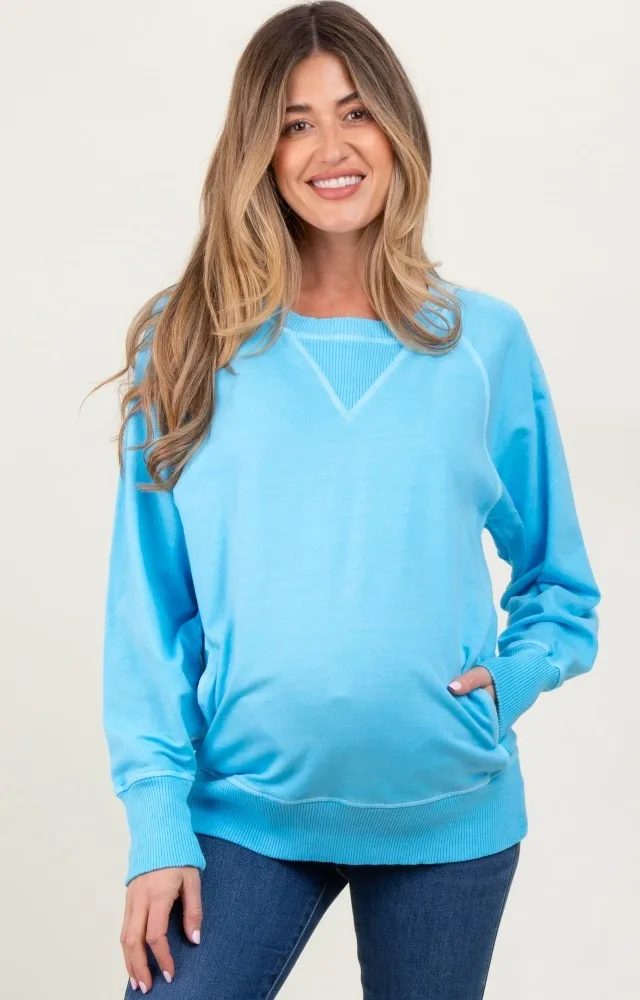 Light Blue Vintage Wash French Terry Maternity Pullover