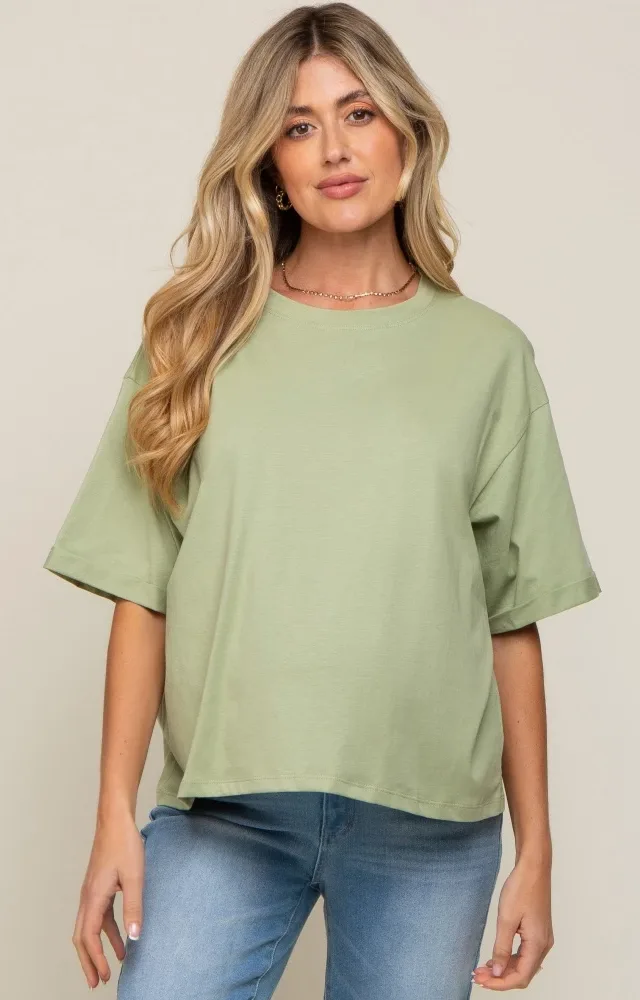 Light Green Basic Rolled Short Sleeve Maternity T-Shirt