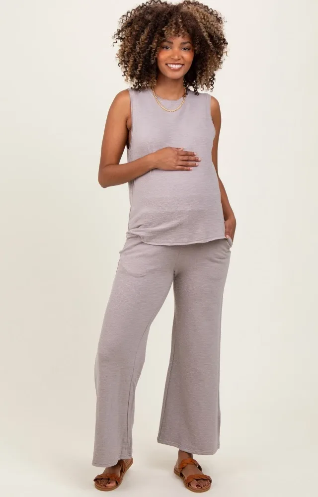 Light Mocha Slub Knit Maternity Pants Set