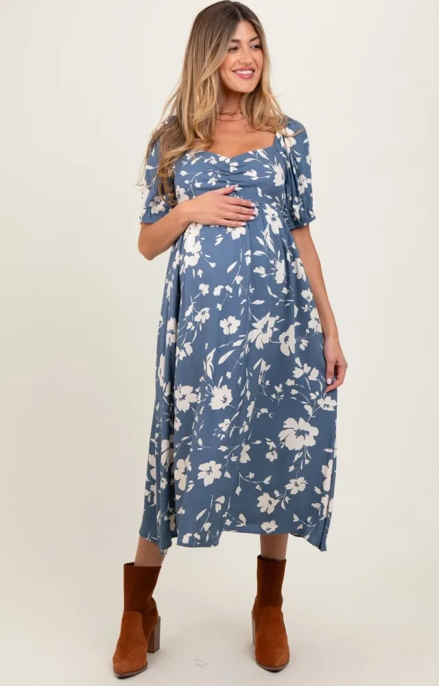 Light Navy Floral Sweetheart Neckline Maternity Midi Dress