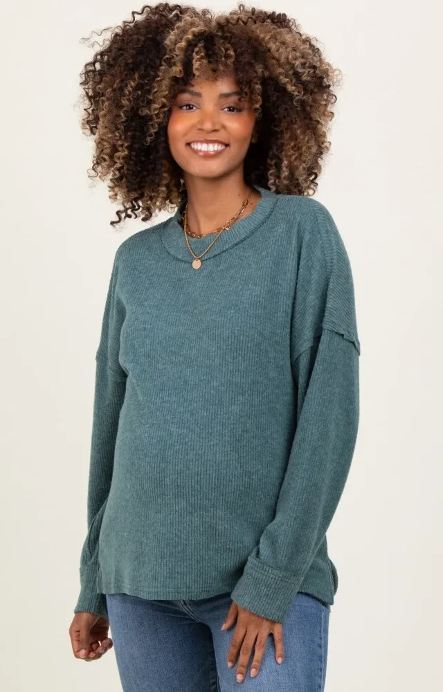 Light Olive Brushed Ribbed Knit Maternity Pullover