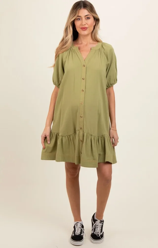 Light Olive Button Front Short Puff Sleeve Maternity Dress