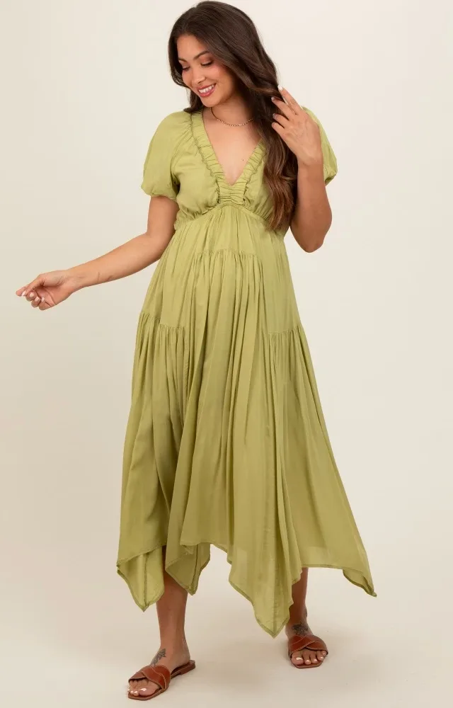 Light Olive Deep V-Neck Puff Short Sleeve Asymmetrical Hem Maternity Midi Dress