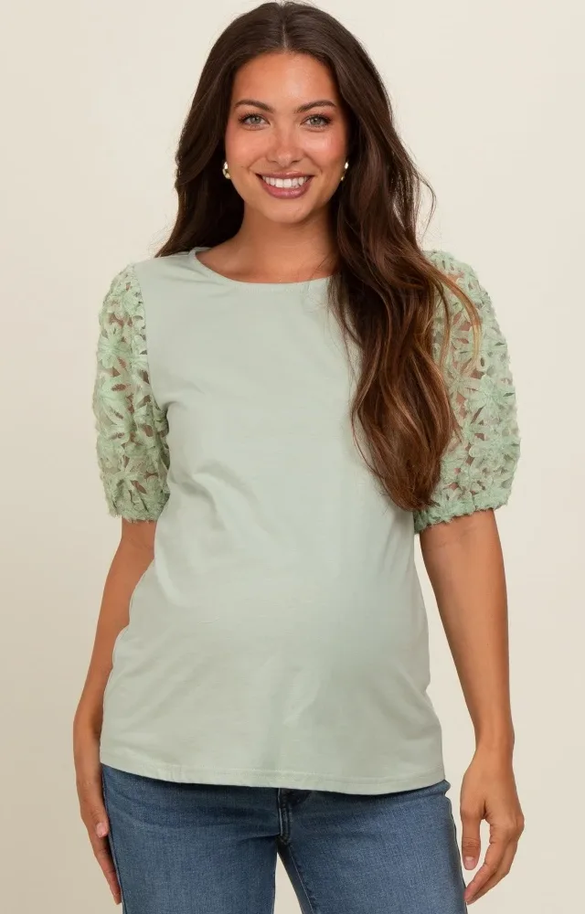 Light Olive Floral Mesh Sleeve Maternity Blouse