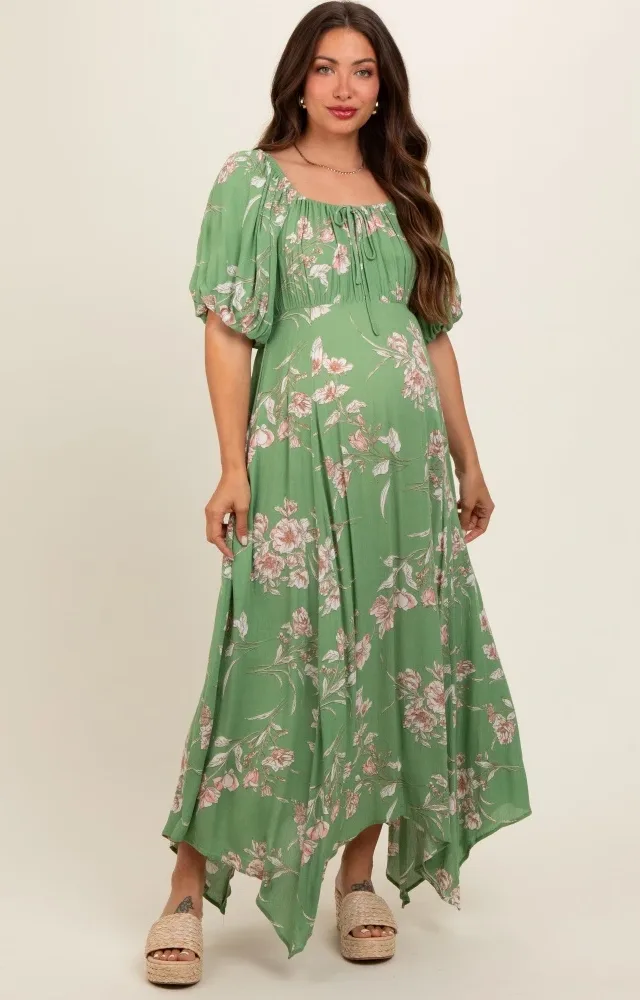 Light Olive Floral Puff Sleeve Maternity Maxi Dress