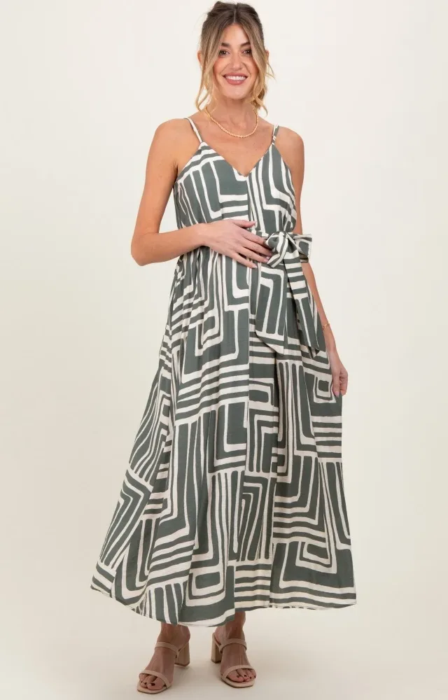 Light Olive Geometric Print Sash Tie Maternity Maxi Dress