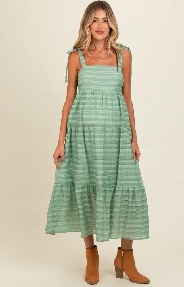 Light Olive Gingham Shoulder Tie Maternity Dress