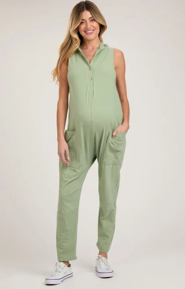 Light Olive Hooded Button Up Maternity Jumpsuit