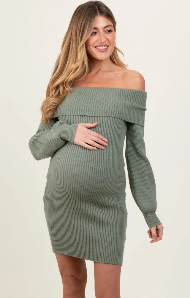 Light Olive Off Shoulder Balloon Sleeve Maternity Mini Sweater Dress