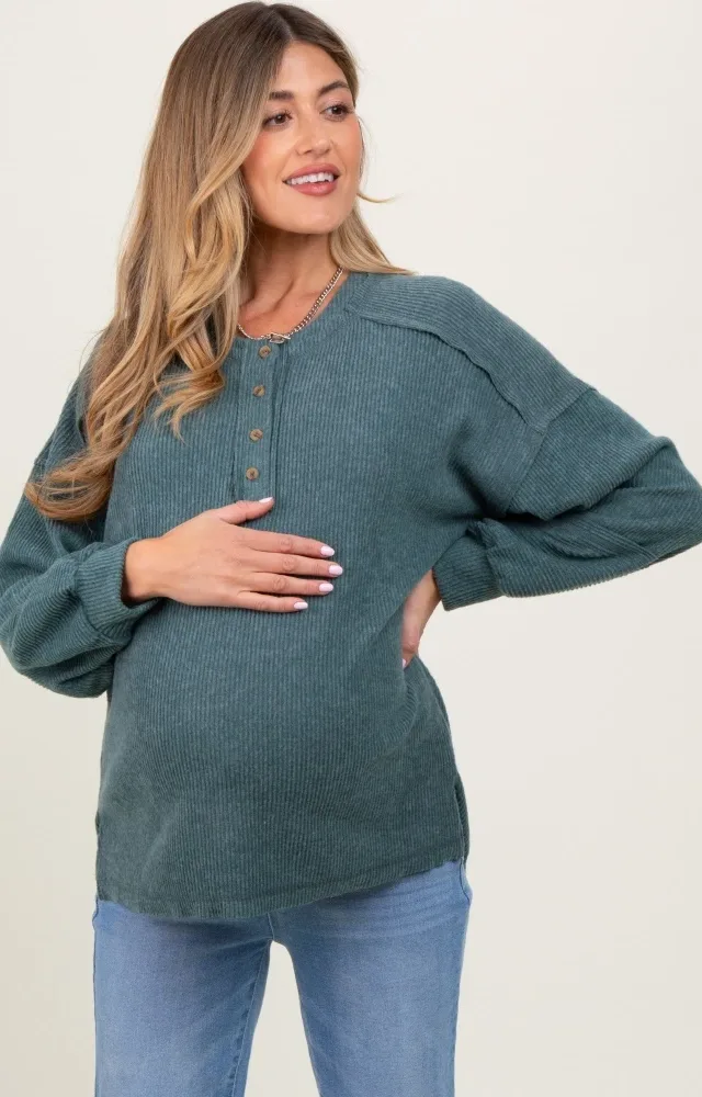 Light Olive Oversized Ribbed Knit Henley Maternity Sweater