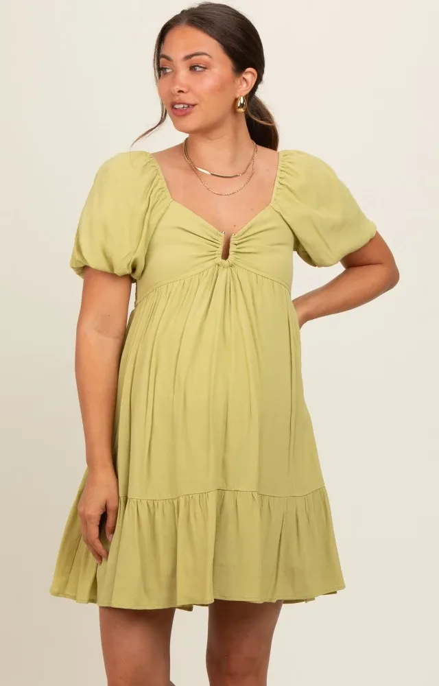 Light Olive U Notched Bubble Short Sleeve Maternity Dress