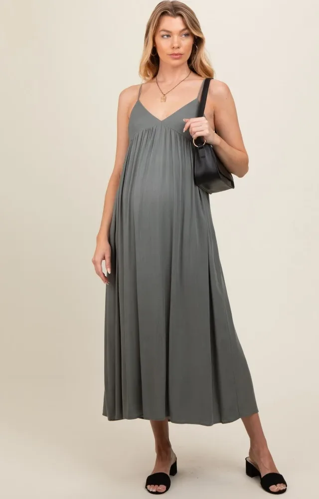 Light Olive V-Neck Sleeveless Maternity Midi Dress