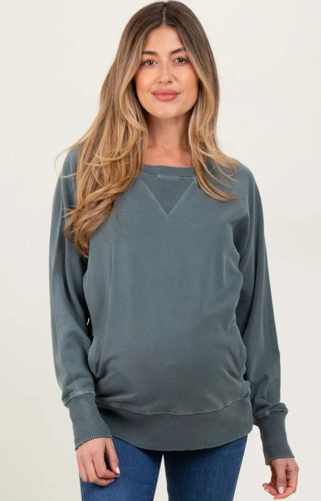 Light Olive Vintage Wash French Terry Maternity Pullover