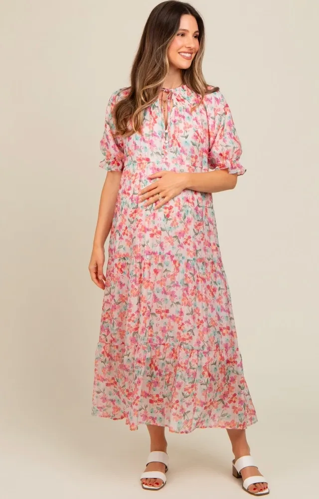 Light Pink Floral Front Tie Button Up Maternity Maxi Dress