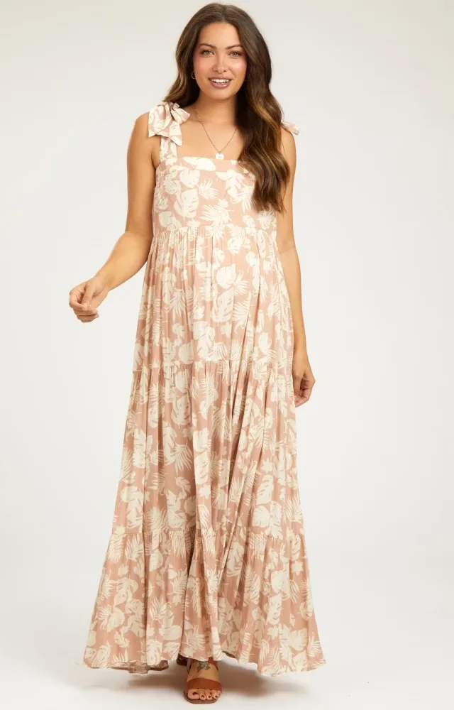 Light Pink Leaf Printed Square Neckline Tie Strap Tiered Maternity Maxi Dress