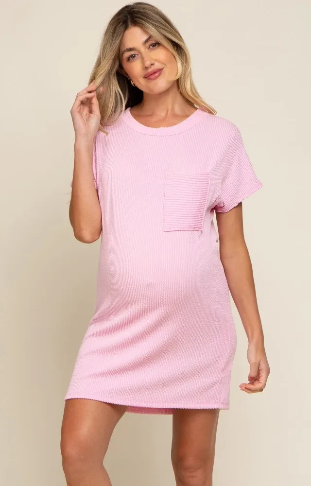 Light Pink Ribbed Front Pocket Dolman Short Sleeve Maternity Dress