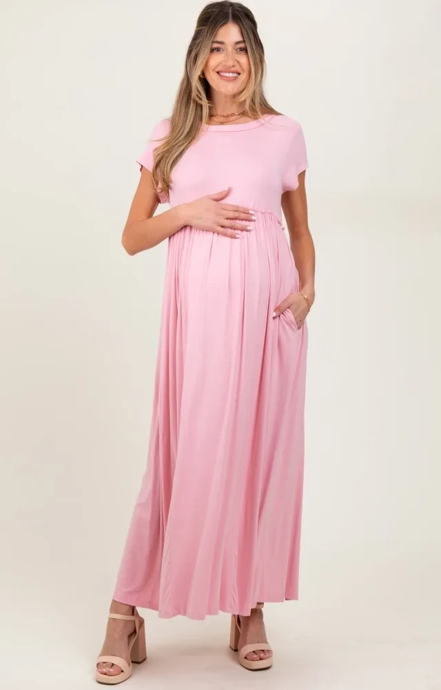 Light Pink Short Sleeve Pocketed Maternity Maxi Dress