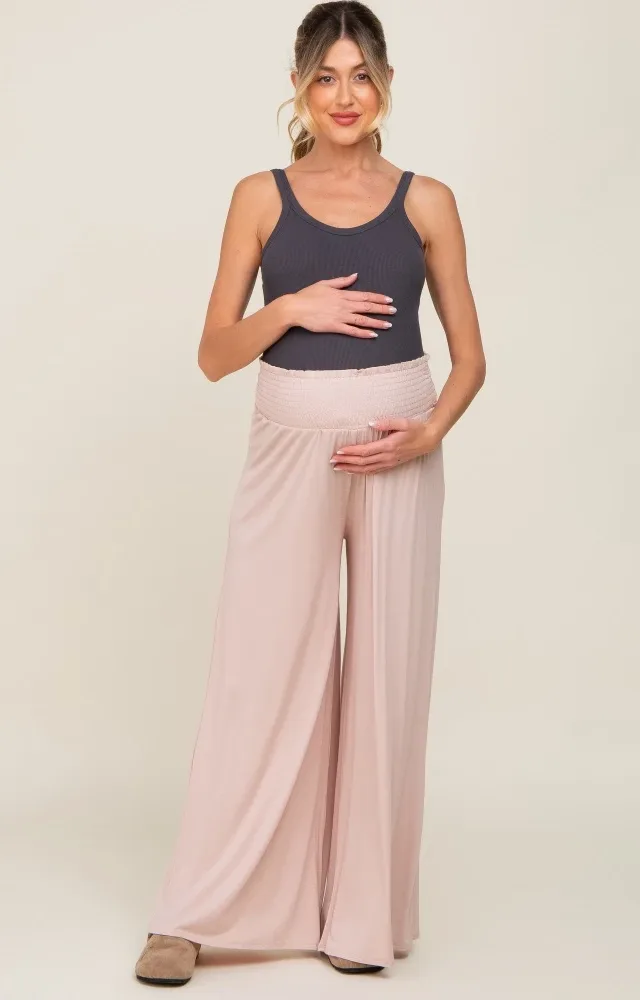 Light Pink Smocked Waist Flowy Maternity Pants