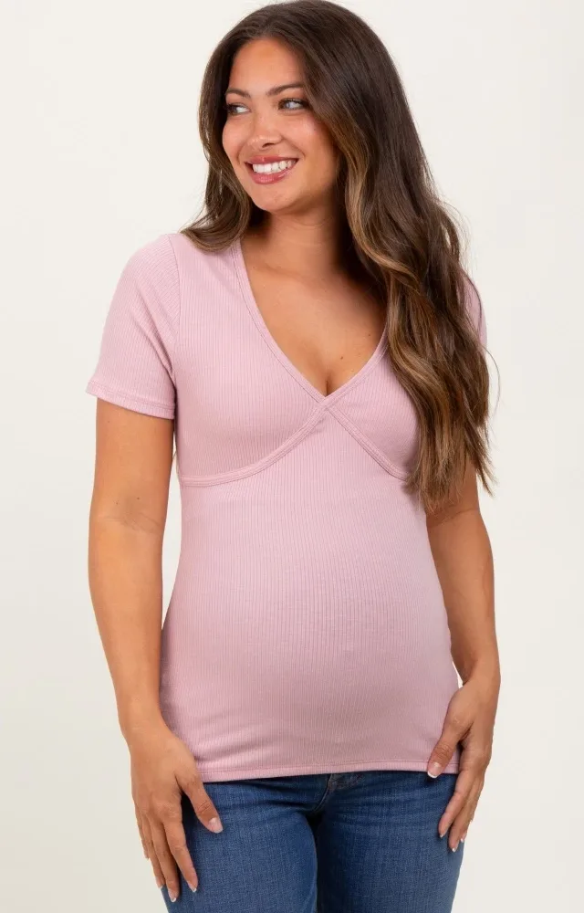 Light Pink Solid Ribbed Short Sleeve V-Neck Basic Maternity Top