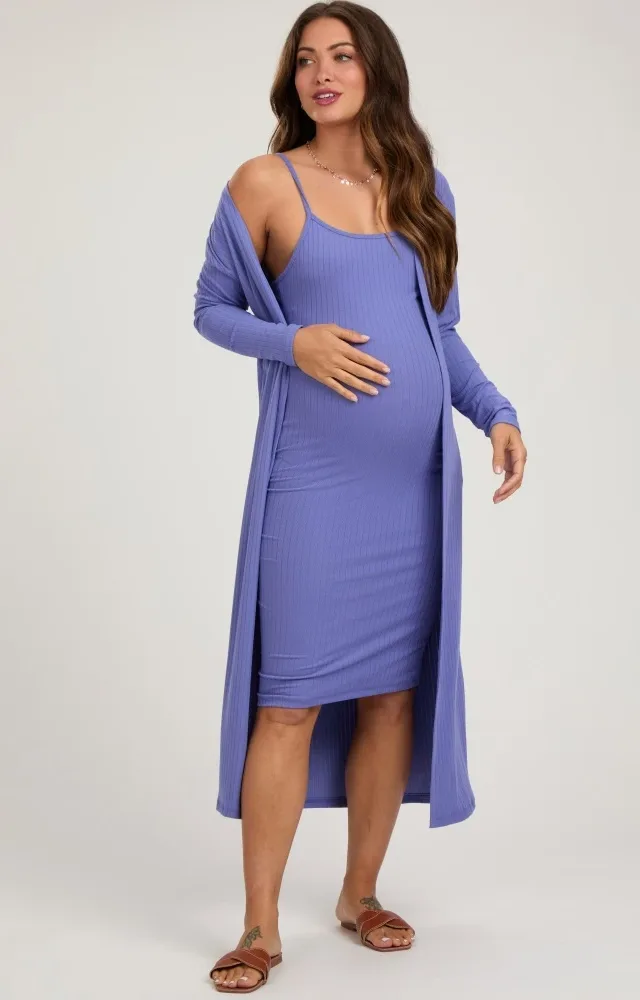 Light Purple Ribbed Cardigan 2 Piece Maternity Set