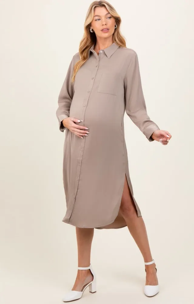 Light Taupe Long Sleeve Maternity Midi Shirt Dress