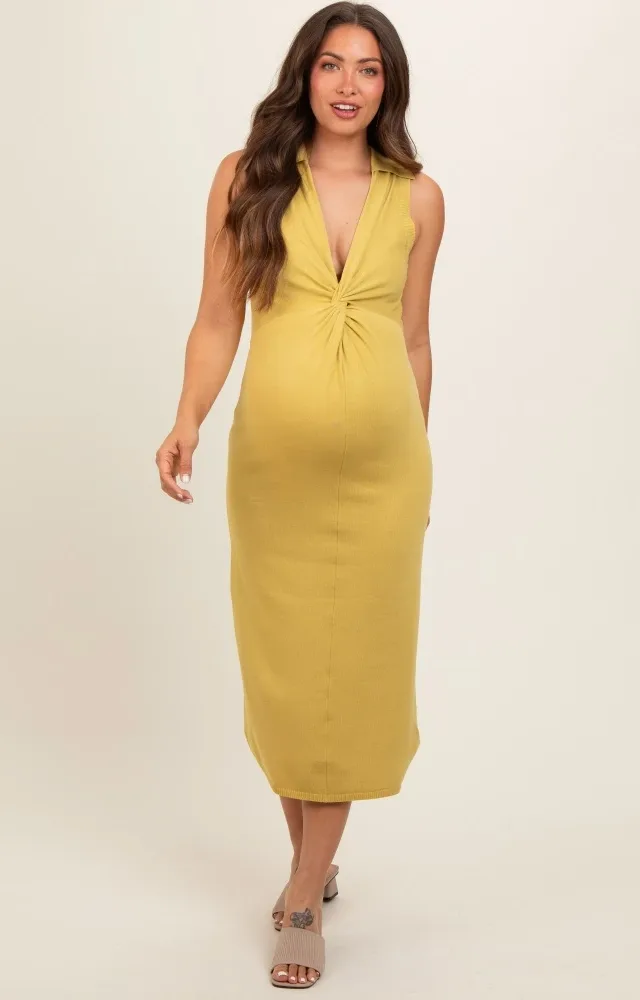 Lime Collared Sleeveless Twist Knit Maternity Midi Dress