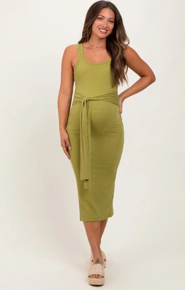 Lime Ribbed Front Tie Sleeveless Maternity Midi Dress