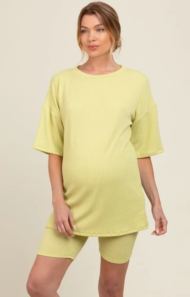 Lime Ribbed Maternity Biker Shorts Set