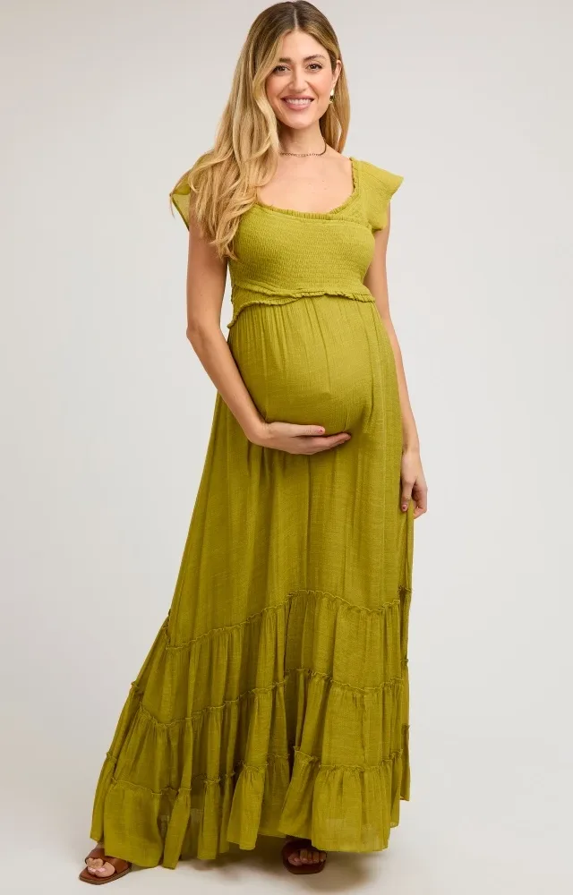 Lime Smocked Crossover Maternity Maxi Dress