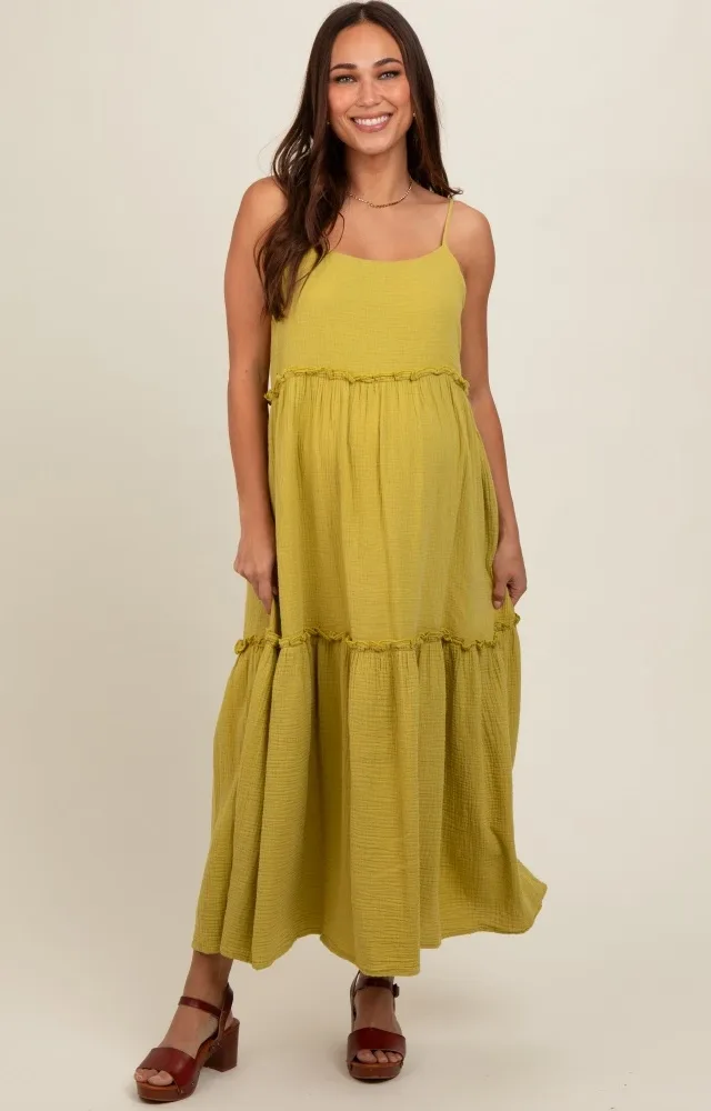 Lime Soft Washed Cotton Gauze Maternity Maxi Dress