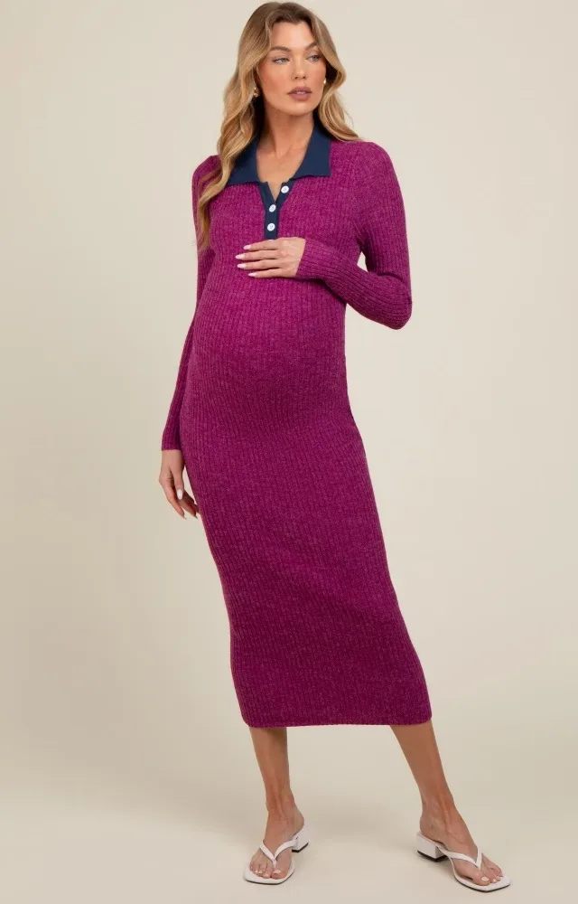 Magenta Collared Button Front Long Sleeve Maternity Midi Sweater Dress