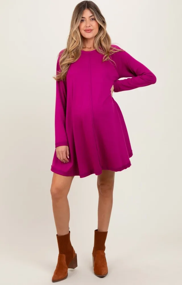 Magenta Crew Neck Flared Fit Long Sleeve Maternity Mini Dress