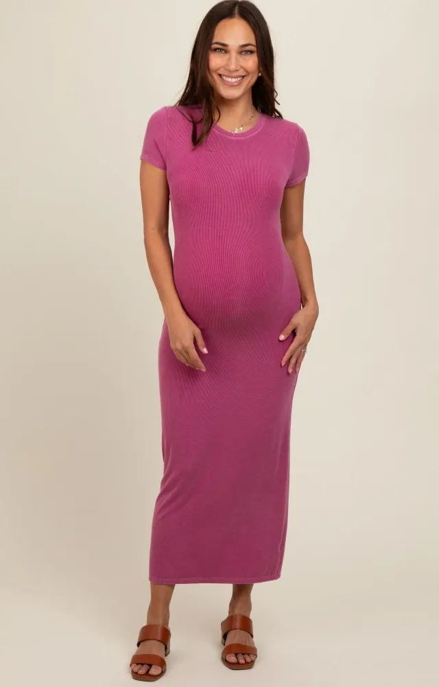 Magenta Rib Knit Back Slit Maternity Dress