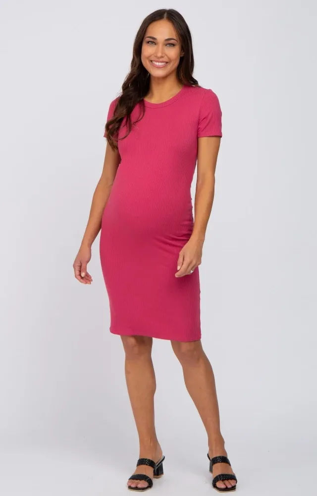 Magenta Ribbed Fitted Maternity Dress