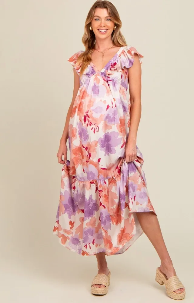 Mauve Floral Ruffle Accent V-Neck Maternity Maxi Dress