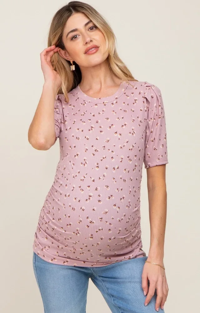 Mauve Floral Side Ruched Maternity Short Sleeve Top